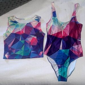 Matching geometric rave bodysuit and crop top